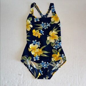 Speedo Blue And Yellow Floral Racerback One Piece Swimsuit